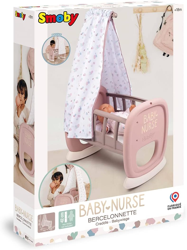 Smoby 220373 - Baby Nurse, wieg met luifel tot 42 cm, (pop niet inbegrepen), afmetingen: 46,9x27,2x68,7 cm, vanaf 18 maanden