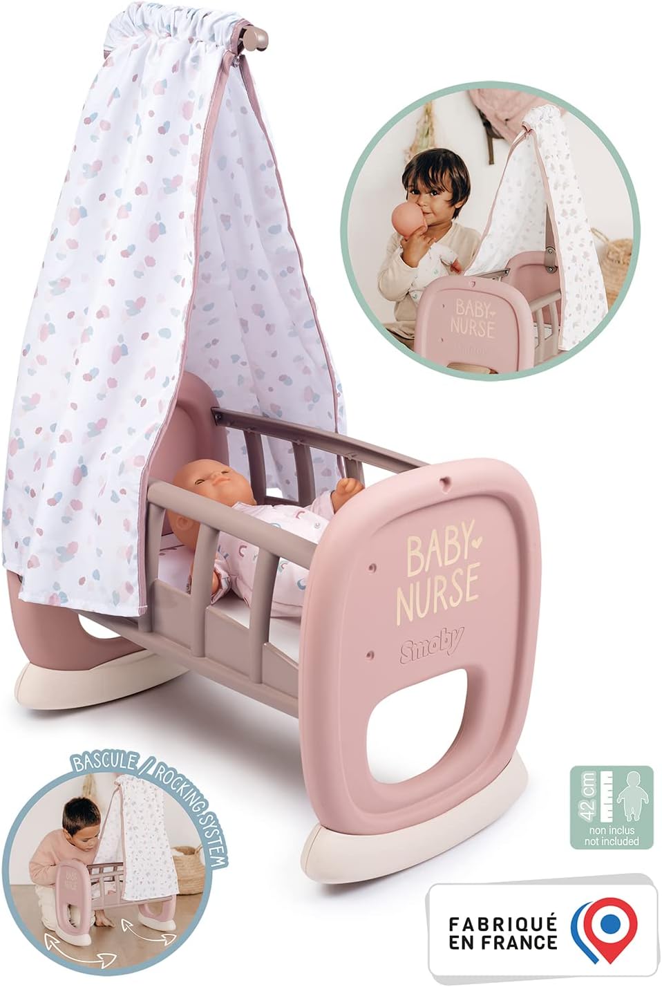 Smoby 220373 - Baby Nurse, wieg met luifel tot 42 cm, (pop niet inbegrepen), afmetingen: 46,9x27,2x68,7 cm, vanaf 18 maanden