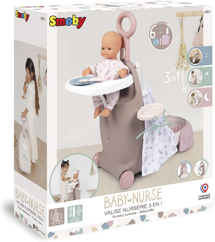 Smoby Toys - Baby Nurse Doll Trolley for Children - Rollable Doll Case with Fold-Out Sleeping and Dining Area for Dolls up to 42 cm - from 18 Months