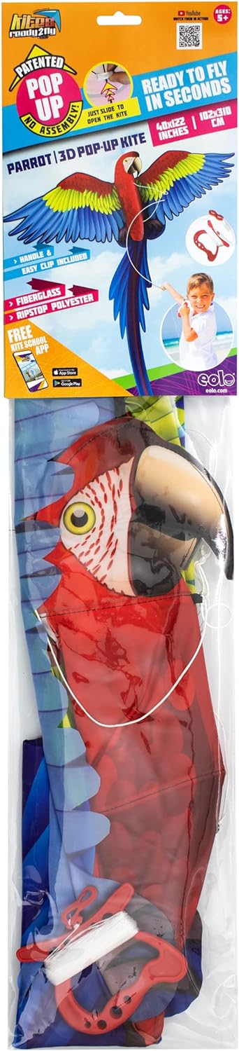 Eolo Kites Ready 2 Fly Kids’ 3D Pop-Up Kite, Red Dragon, Wingspan, Patented System, Assembles in Seconds, High Quality & Performance, Ripstop Construction, Sturdy Fiberglass Frame 3d Parrot