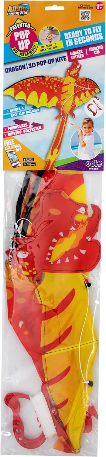 Eolo Kites Ready 2 Fly Kids’ 3D Pop-Up Kite, Red Dragon, Wingspan, Patented System, Assembles in Seconds, High Quality & Performance, Ripstop Construction, Sturdy Fiberglass Frame