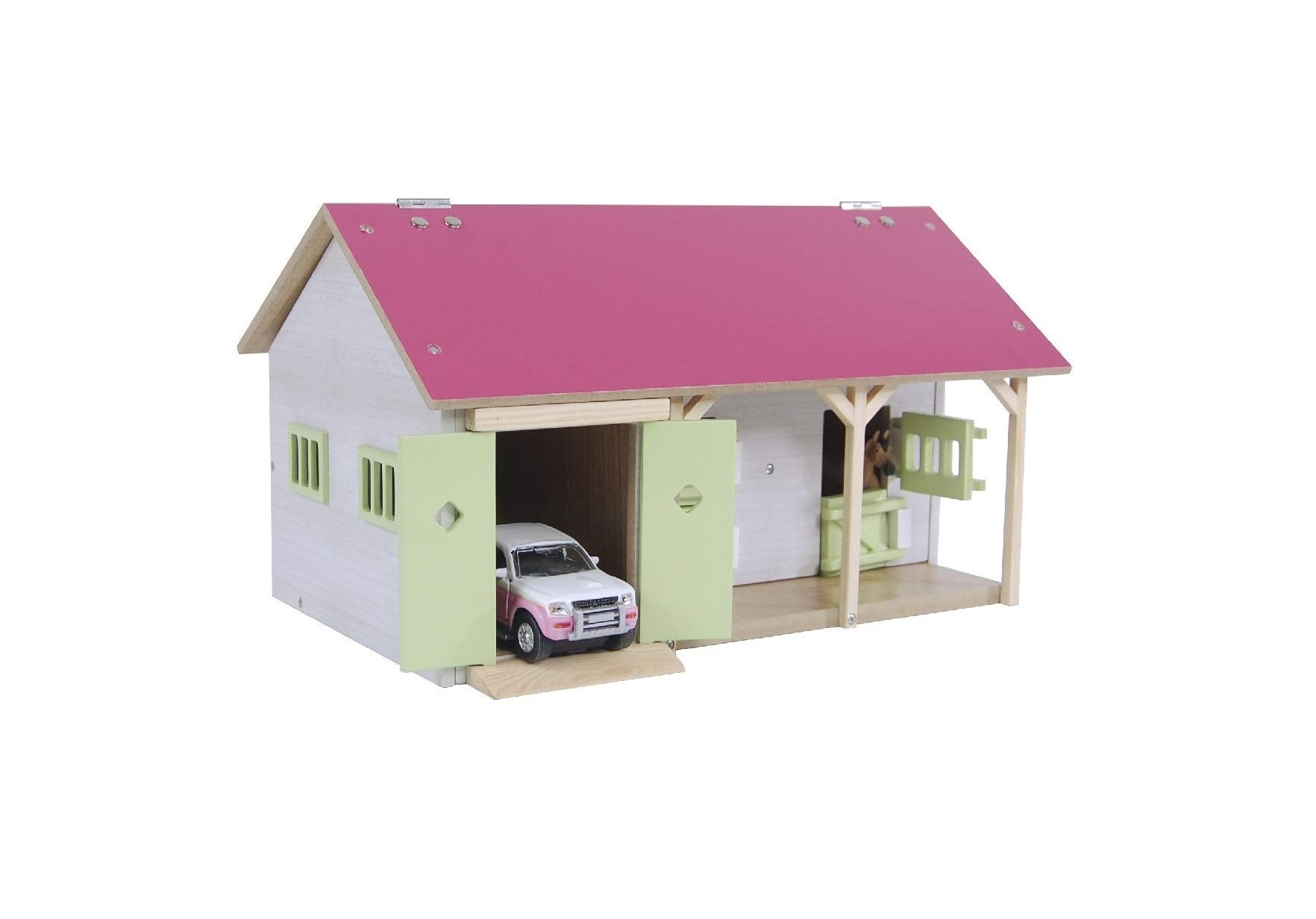Kids Globe Farming Reiterhof rosa Bauernhof Pferdestall Holz 1:32 mit 2 Boxen, Spielzeug Pferdehof, mit praktischem Faltdach, für alle gängigen Tierfiguren 610544