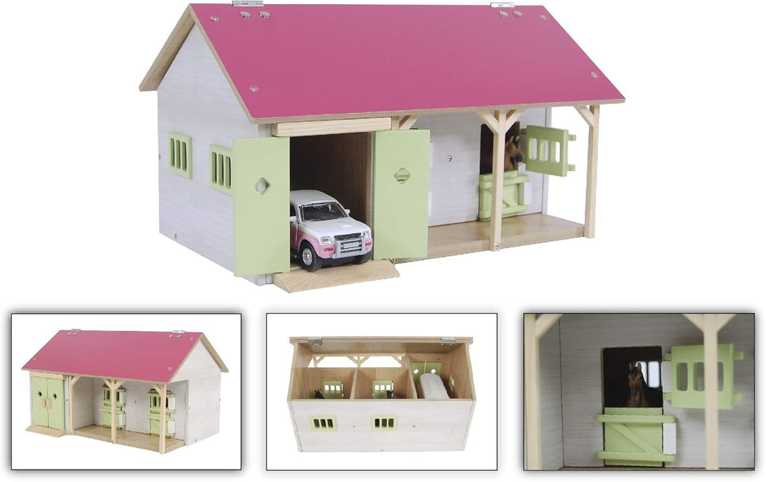 Kids Globe Farming Reiterhof rosa Bauernhof Pferdestall Holz 1:32 mit 2 Boxen, Spielzeug Pferdehof, mit praktischem Faltdach, für alle gängigen Tierfiguren 610544