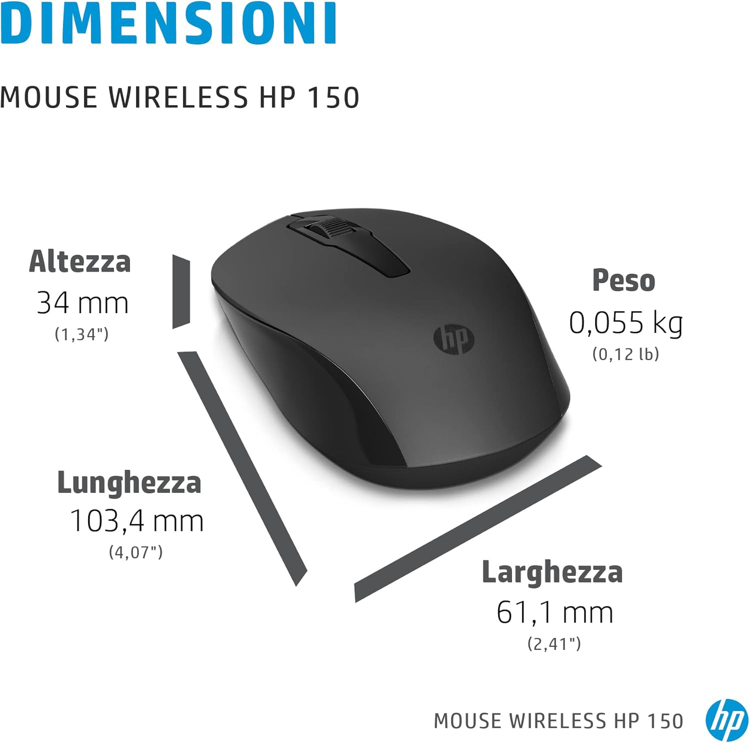 HP 150 Mouse Cablato Wired, Collegamento USB-A, Sensore Ottico da 1600 DPI, 3 Pulsanti e Rotella di Scorrimento a Doppia Funzione, Impugnatura Egonomica e Funzionale, Ambidestro, Nero