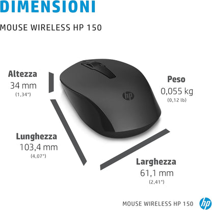 HP 150 Mouse Cablato Wired, Collegamento USB-A, Sensore Ottico da 1600 DPI, 3 Pulsanti e Rotella di Scorrimento a Doppia Funzione, Impugnatura Egonomica e Funzionale, Ambidestro, Nero