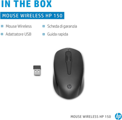 HP 150 Mouse Cablato Wired, Collegamento USB-A, Sensore Ottico da 1600 DPI, 3 Pulsanti e Rotella di Scorrimento a Doppia Funzione, Impugnatura Egonomica e Funzionale, Ambidestro, Nero
