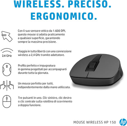 HP 150 Mouse Cablato Wired, Collegamento USB-A, Sensore Ottico da 1600 DPI, 3 Pulsanti e Rotella di Scorrimento a Doppia Funzione, Impugnatura Egonomica e Funzionale, Ambidestro, Nero