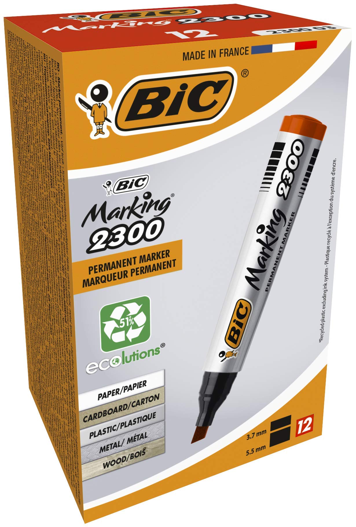 BIC Marking 2300 ECOlutions Permanent Markers - Red Colour - Box of 12 - Medium Chisel Tip Markers - Low Odour
