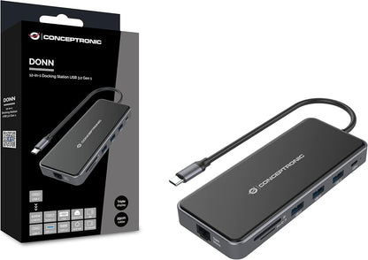 Conceptronic DONN15G 12-in-1 USB 3.2 Gen 1 Docking Station, MST for Windows, HDMI x 2, VGA, USB-C Data, USB-A 3.0 x 2, USB-A 2.0, SD, TF/MicroSD, Audio, Gigabit Ethernet LAN, 100W USB PD