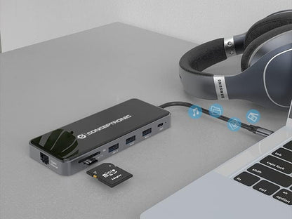 Conceptronic DONN15G 12-in-1 USB 3.2 Gen 1 Docking Station, MST for Windows, HDMI x 2, VGA, USB-C Data, USB-A 3.0 x 2, USB-A 2.0, SD, TF/MicroSD, Audio, Gigabit Ethernet LAN, 100W USB PD