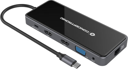 Conceptronic DONN15G 12-in-1 USB 3.2 Gen 1 Docking Station, MST for Windows, HDMI x 2, VGA, USB-C Data, USB-A 3.0 x 2, USB-A 2.0, SD, TF/MicroSD, Audio, Gigabit Ethernet LAN, 100W USB PD