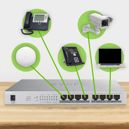 Zyxel Switch Gigabit Unmanaged Zyxel a 8 porte 8 x PoE+ con budget di 60 W, Garanzia a Vita
