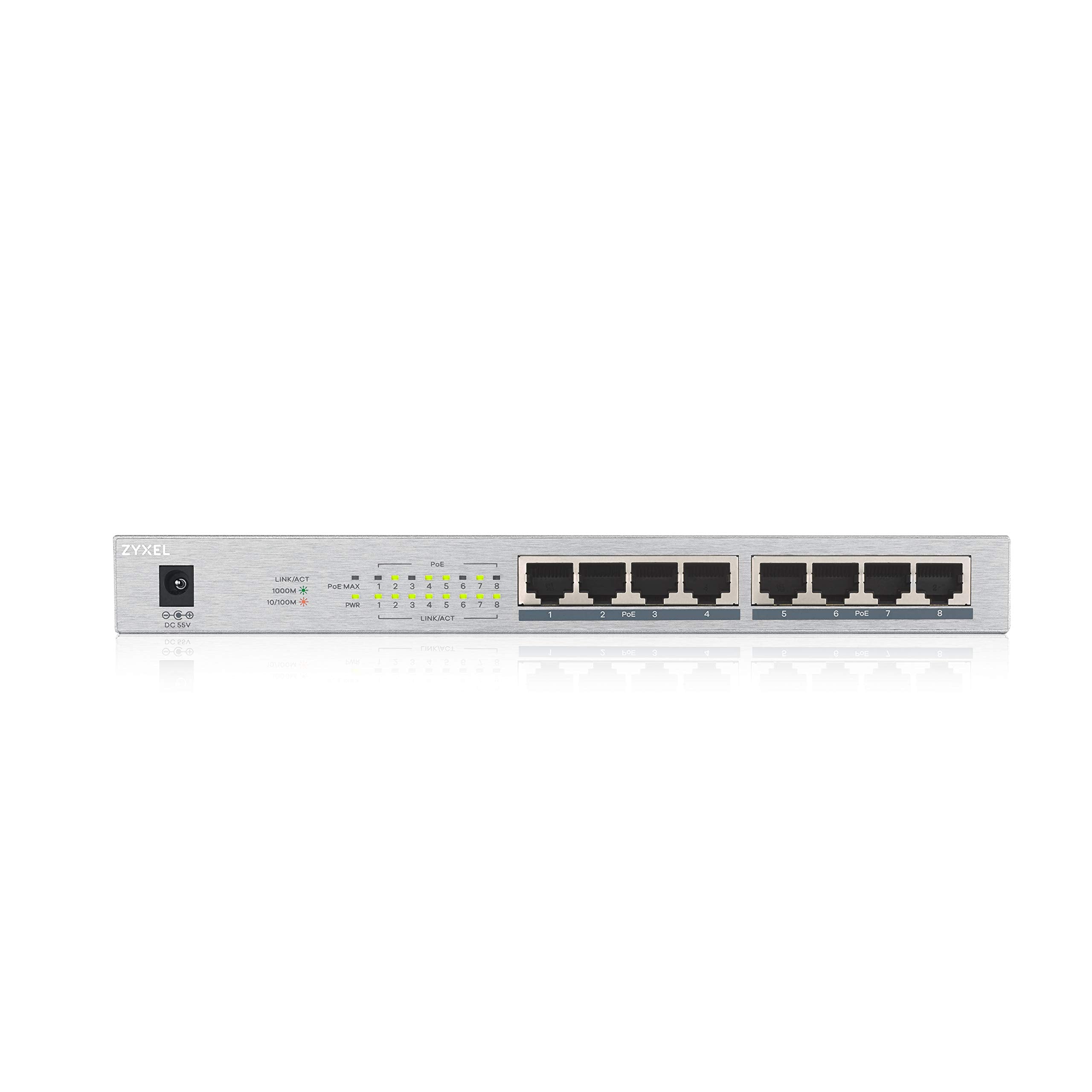 Zyxel Switch Gigabit Unmanaged Zyxel a 8 porte 8 x PoE+ con budget di 60 W, Garanzia a Vita