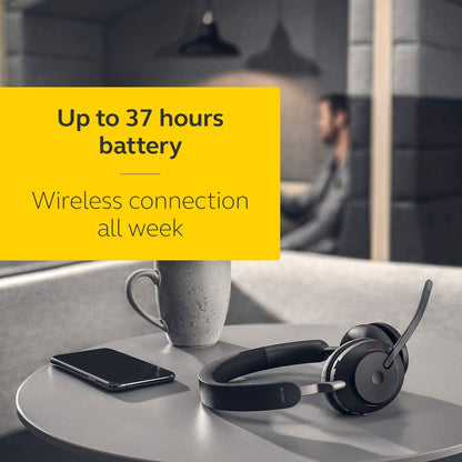 Jabra Evolve2 65 Wireless PC Headset – Noise Cancelling UC Certified Stereo Headphones With Long-Lasting Battery – USB-C Bluetooth Adapter –