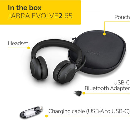 Jabra Evolve2 65 Wireless PC Headset – Noise Cancelling UC Certified Stereo Headphones With Long-Lasting Battery – USB-C Bluetooth Adapter –