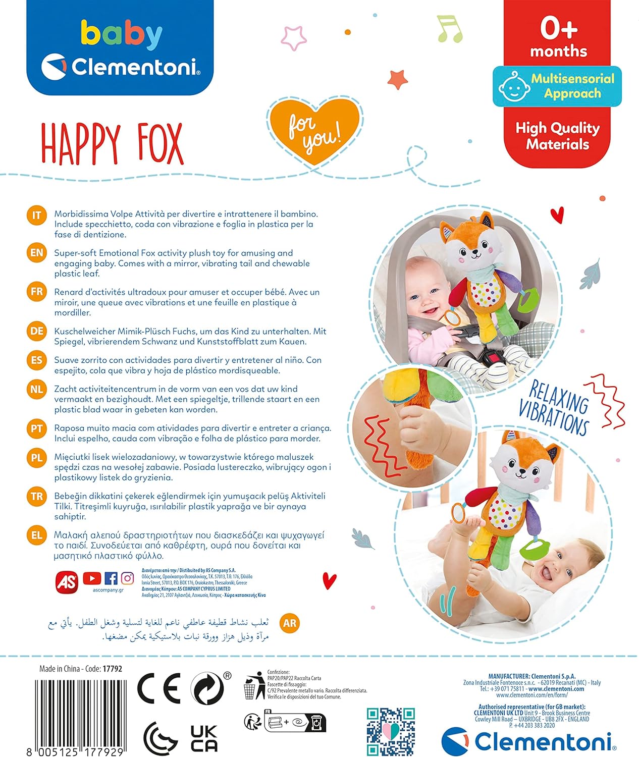 Clementoni- Happy Fox Toddler Plush Toy: Infant Activity Soft Toy, Cuddly and Multi-Coloured Animal Toy, Machine Washable, Perfect for Developing Sensory Skills, Safe and Gentle (0+ Months