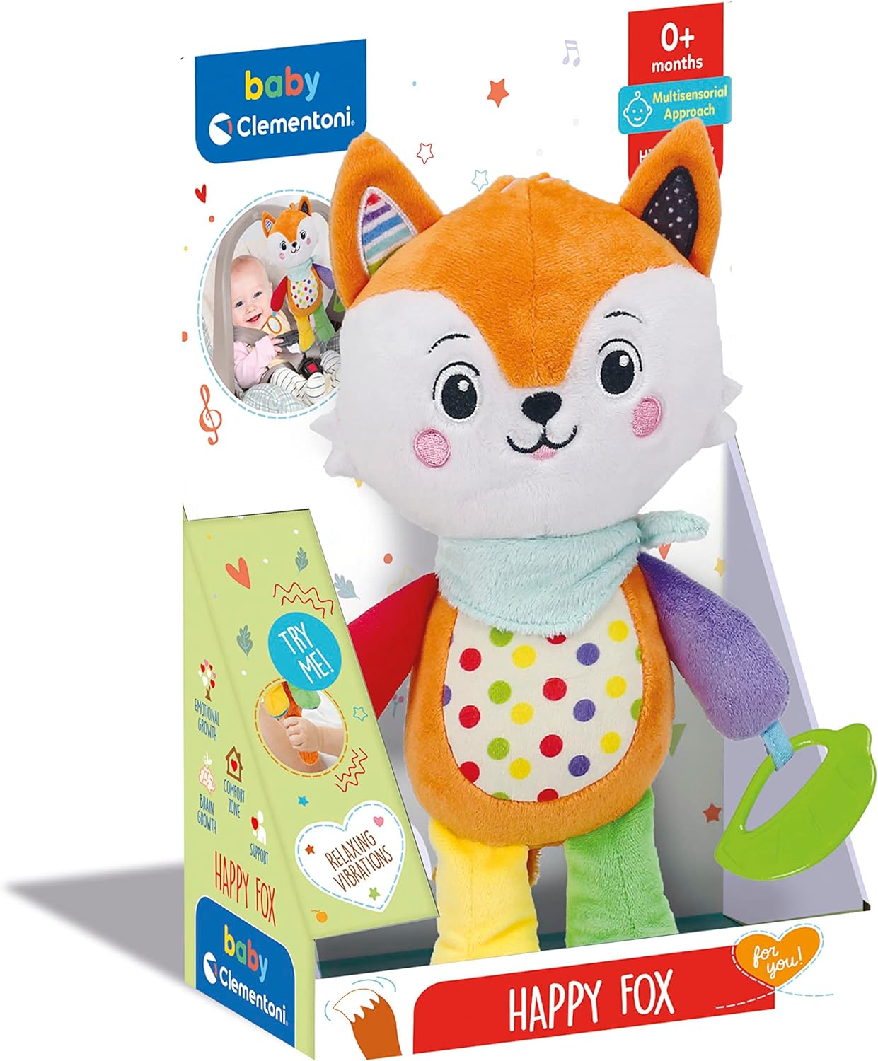 Clementoni- Happy Fox Toddler Plush Toy: Infant Activity Soft Toy, Cuddly and Multi-Coloured Animal Toy, Machine Washable, Perfect for Developing Sensory Skills, Safe and Gentle (0+ Months