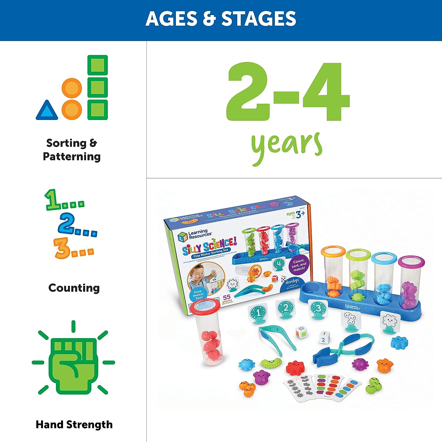 Learning Resources Silly Science Fine Motor Sorting Set, STEM Toys for Kids, Educational Toy, Preschool Fine Motor Skills, 55 Pieces, Age 3+