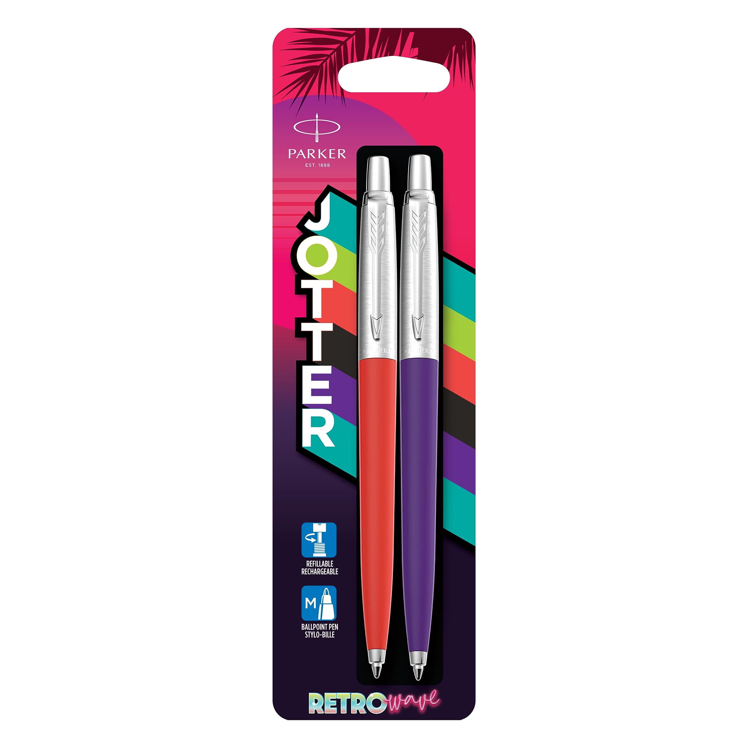 PARKER Jotter Originals Ballpoint Pens | Retrowave Collection | Vermilion Red & Indigo Purple | Blue Ink | Medium Point | 2 Count 2 count (Pack of 1) Vermilion Red & Indigo Purple