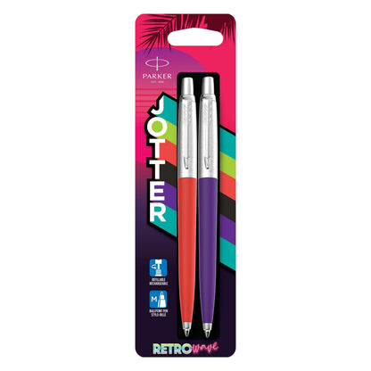 PARKER Jotter Originals Ballpoint Pens | Retrowave Collection | Vermilion Red & Indigo Purple | Blue Ink | Medium Point | 2 Count 2 count (Pack of 1) Vermilion Red & Indigo Purple