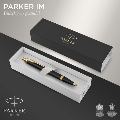 Parker IM Ballpoint Pen | Black Lacquer with Gold Trim | Medium Point Blue Ink | Gift Box