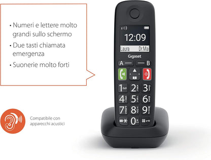 Gigaset E290, Telefono Portatile con Suonerie Forti, Numeri Grandi e Audio Potenziato, Tasti di Chiamata Rapida, Vivavoce con Volume Regolabile, Nero