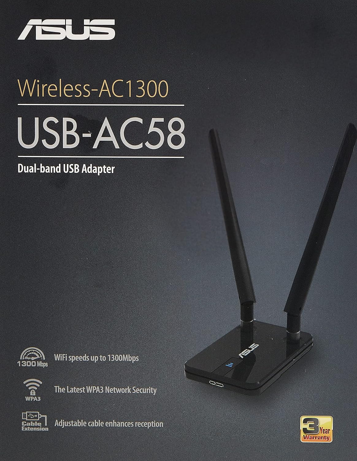 ASUS USB-AC58 Next Generation AC Dual-Band Wireless-AC1300 USB Adapter, USB3.0, WPS, USB Extension Cable, 2 x detachable antenna