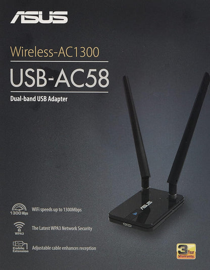 ASUS USB-AC58 Next Generation AC Dual-Band Wireless-AC1300 USB Adapter, USB3.0, WPS, USB Extension Cable, 2 x detachable antenna