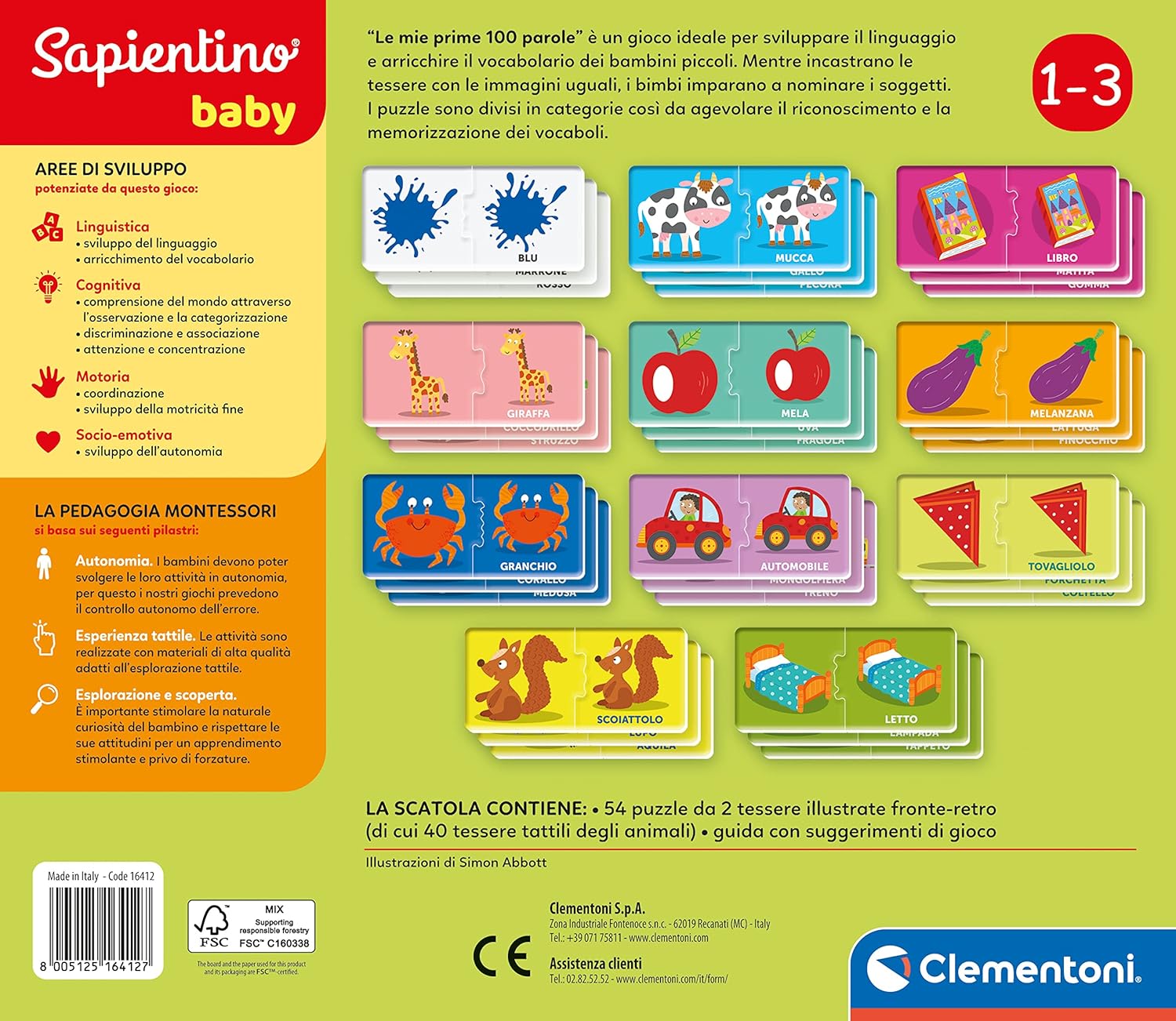 Clementoni- Sapientino Baby primeras 100 Palabras Educativo 1 año (versión en Italiano), Juegos Montessori, Fabricado en Italia, Multicolor, Talla única (16412