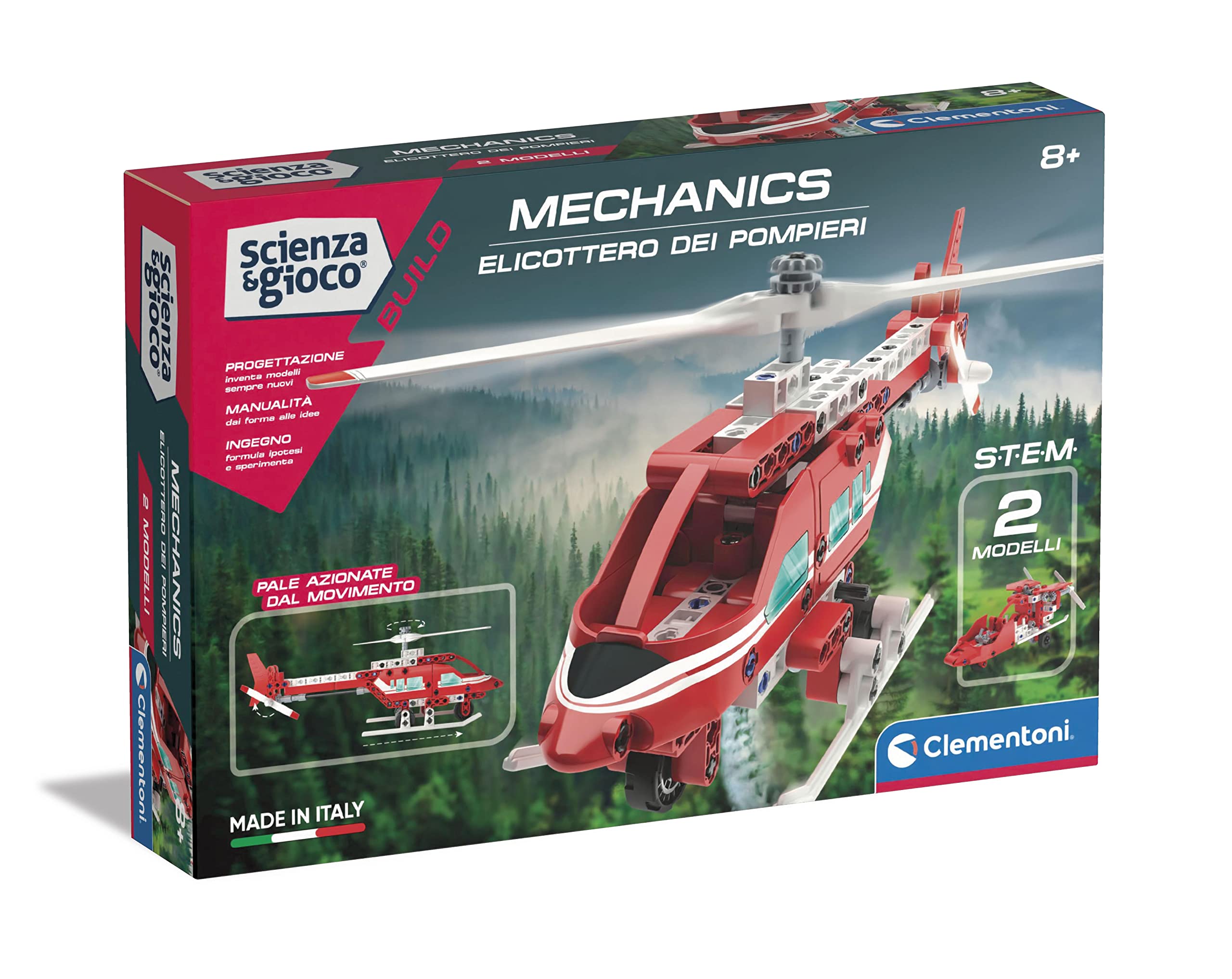 Clementoni - Science Build-Fire Helicopter-Children's Building Set 2 in 1, Mechanical Laboratory, Scientific Game 8 Years, Manual in Italian, Made in Italy, Multicoloured, Medium, 19275