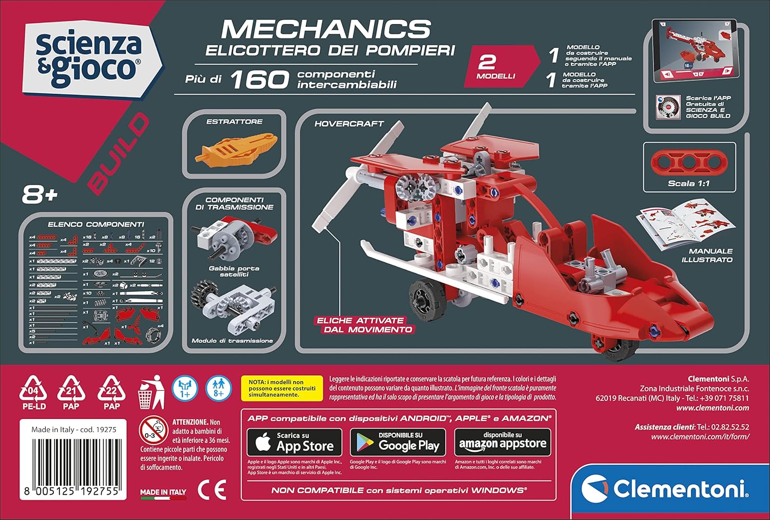 Clementoni - Science Build-Fire Helicopter-Children's Building Set 2 in 1, Mechanical Laboratory, Scientific Game 8 Years, Manual in Italian, Made in Italy, Multicoloured, Medium, 19275