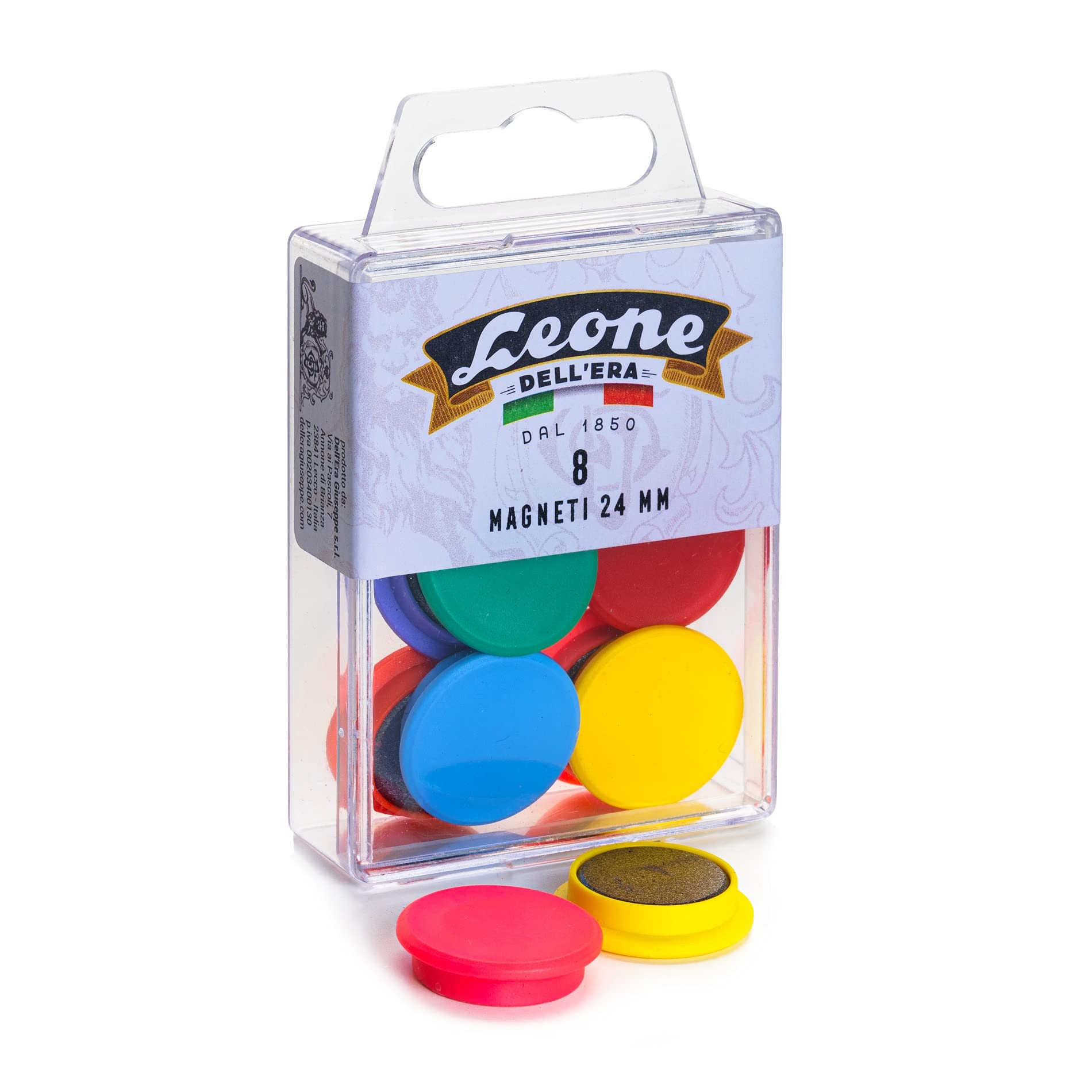 8 colourful magnets from Leone Dell'Era (diameter 24 mm) in transparent storage box