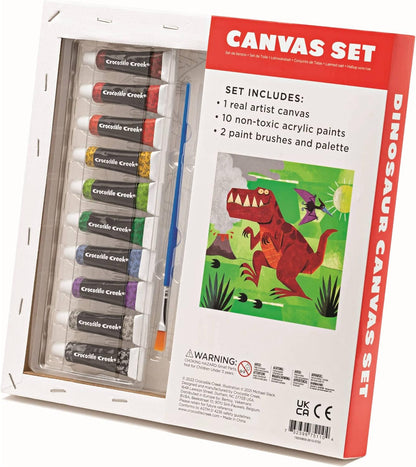Crocodile Creek Dinosaur Canvas Painting Set for Kids Ages 6 Years and Up - Acrylic Painting Kit includes 10 Non-Toxic Acrylic Paints, 2 Paint Brushes, 1 Palette and 1 Canvas