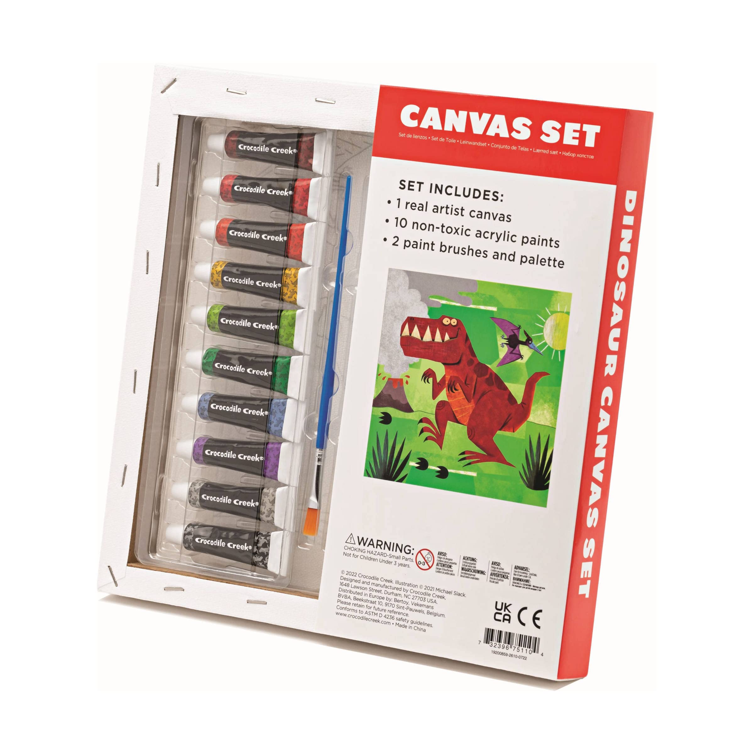 Crocodile Creek Dinosaur Canvas Painting Set for Kids Ages 6 Years and Up - Acrylic Painting Kit includes 10 Non-Toxic Acrylic Paints, 2 Paint Brushes, 1 Palette and 1 Canvas