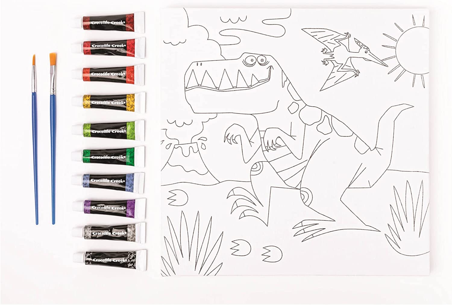 Crocodile Creek Dinosaur Canvas Painting Set for Kids Ages 6 Years and Up - Acrylic Painting Kit includes 10 Non-Toxic Acrylic Paints, 2 Paint Brushes, 1 Palette and 1 Canvas