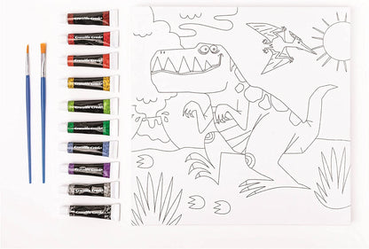 Crocodile Creek Dinosaur Canvas Painting Set for Kids Ages 6 Years and Up - Acrylic Painting Kit includes 10 Non-Toxic Acrylic Paints, 2 Paint Brushes, 1 Palette and 1 Canvas