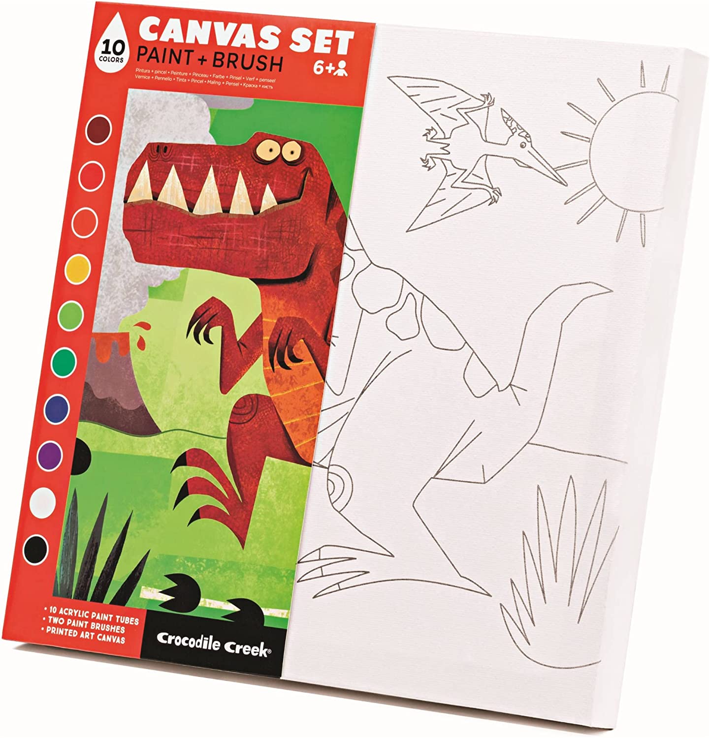 Crocodile Creek Dinosaur Canvas Painting Set for Kids Ages 6 Years and Up - Acrylic Painting Kit includes 10 Non-Toxic Acrylic Paints, 2 Paint Brushes, 1 Palette and 1 Canvas