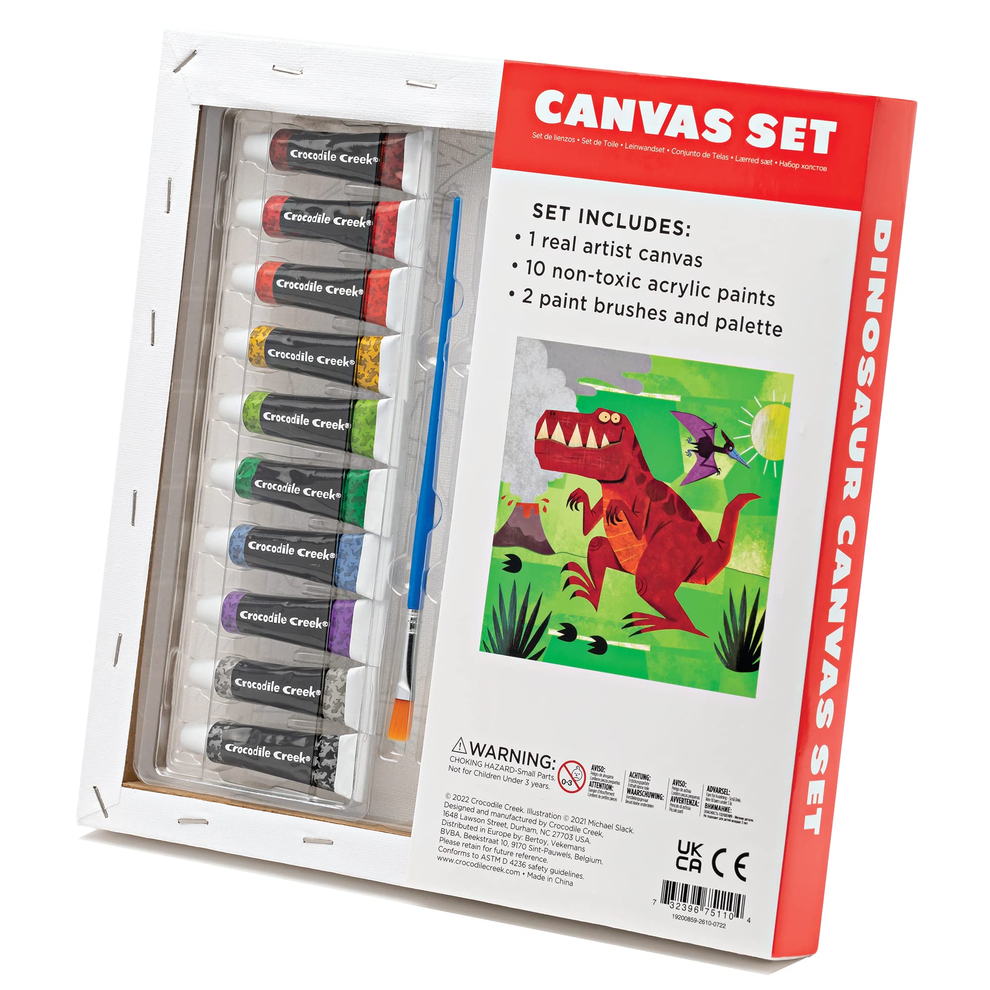 Crocodile Creek Dinosaur Canvas Painting Set for Kids Ages 6 Years and Up - Acrylic Painting Kit includes 10 Non-Toxic Acrylic Paints, 2 Paint Brushes, 1 Palette and 1 Canvas