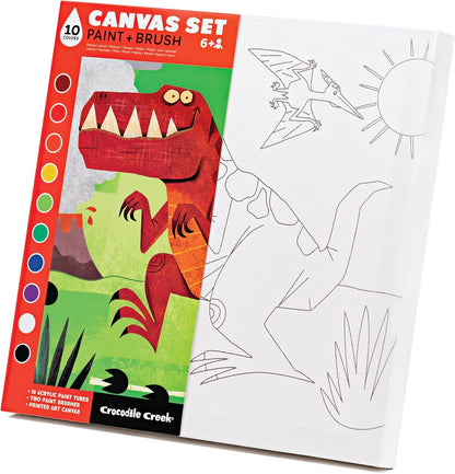 Crocodile Creek Dinosaur Canvas Painting Set for Kids Ages 6 Years and Up - Acrylic Painting Kit includes 10 Non-Toxic Acrylic Paints, 2 Paint Brushes, 1 Palette and 1 Canvas