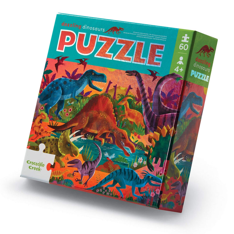 Crocodile Creek Holographic Foil Floor Puzzle - Dazzling Dinosaurs - 60-Piece Puzzle - for Ages 4 Years and up - Heavy-Duty Box for Storage - Puzzle Size: 14” x 19” (79052