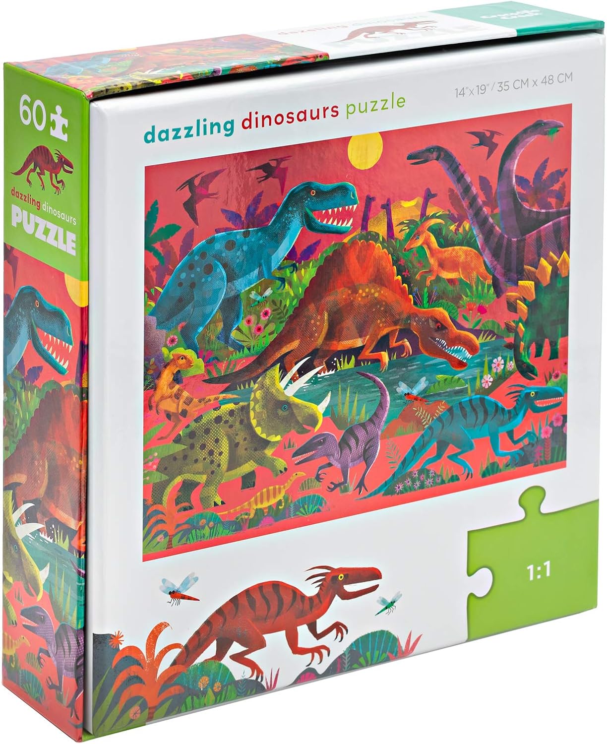 Crocodile Creek Holographic Foil Floor Puzzle - Dazzling Dinosaurs - 60-Piece Puzzle - for Ages 4 Years and up - Heavy-Duty Box for Storage - Puzzle Size: 14” x 19” (79052