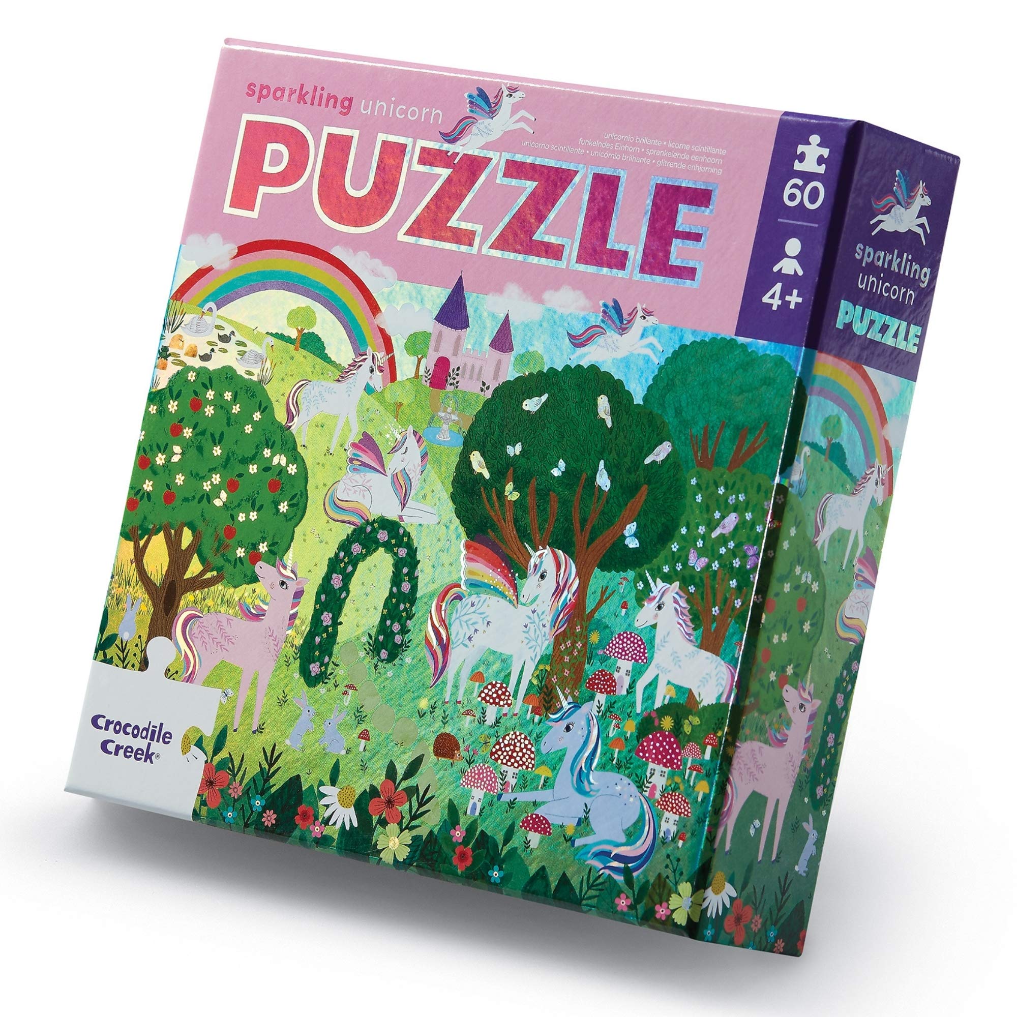 Crocodile Creek Holographic Foil Floor Puzzle - Sparkling Unicorn - 60-Piece Puzzle - for Ages 4 Years and up - Heavy-Duty Box for Storage - Puzzle Size: 14” x 19”, 1 ea