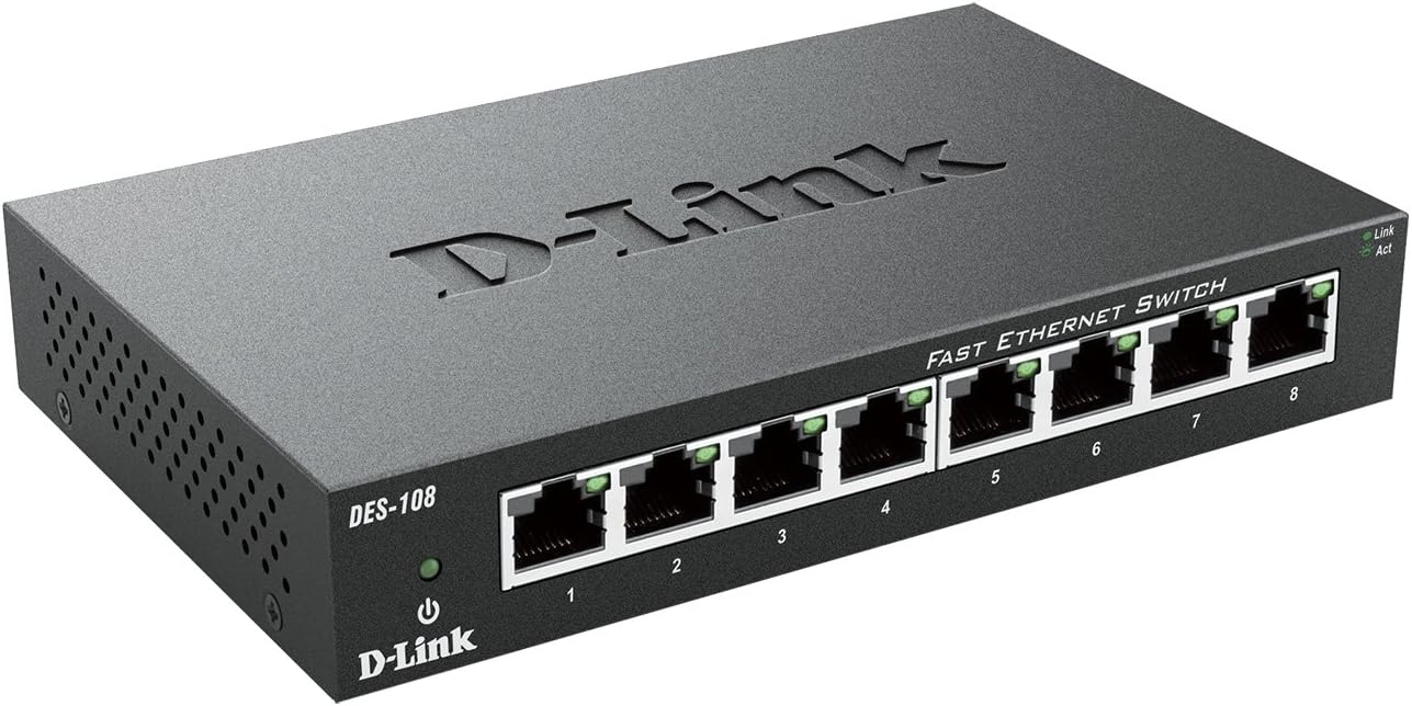 D-Link DES-108 – Switch de red con 8 puertos LAN Fast Ethernet 10/100 Mbps RJ-45, no gestionable Layer 2, carcasa metálica, negro