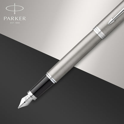 Parker IM Duo Gift Set with Ballpoint Pen & Fountain Pen | Stainless Steel Chrome Trim | Blue Ink Refill & Cartridge | Gift Packaging