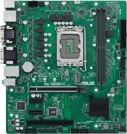 Asus PRO H610M-C CSM Motherboard mATX, Intel H610, LGA1700, DDR5, PCI 5.0, Intel LAN 1Gb, Realtek 7.1 Surround, 1xM.2, 4xSATA 6GB/s, USB 3.2 Gen 2, Control Center Express, Black