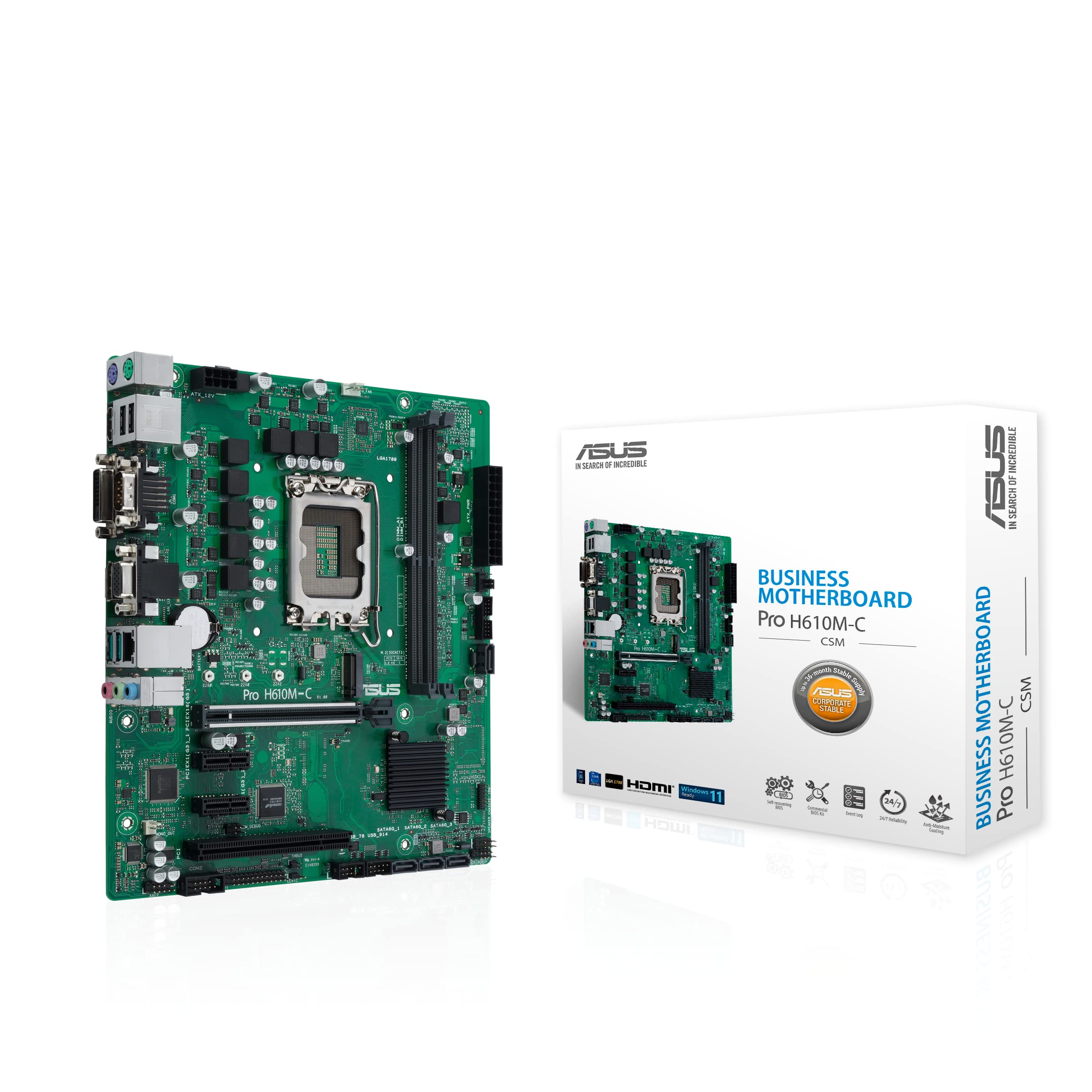 Asus PRO H610M-C CSM Motherboard mATX, Intel H610, LGA1700, DDR5, PCI 5.0, Intel LAN 1Gb, Realtek 7.1 Surround, 1xM.2, 4xSATA 6GB/s, USB 3.2 Gen 2, Control Center Express, Black