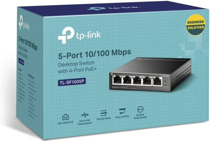 TP-Link PoE Switch 10/100Mbps ports, 4 PoE+ ports up to 30 W for each PoE port and 67 W for all PoE ports, Metal Casing, Plug and Play, Ideal for IP Surveillance and Access Point (TL-SF1005P