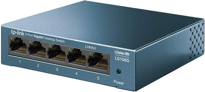 TP-Link LS105G 5-Ports Gigabit Netzwerk Switch (5 RJ-45 Lan Ports, robustes Metallgehäuse, 802.1P/DSCP QoS, Plug-and-Play, lüfterlos) blau metallic