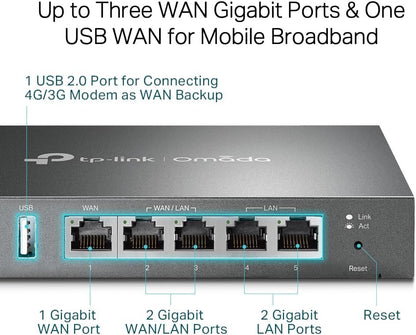 TP-LINK ER605 5 port dual/multiple WAN VPN router (up to 4 Gigabit WAN ports, highly secure VPN, Omada SDN, central management, intelligent monitoring, firewall) black, ideal for office networks