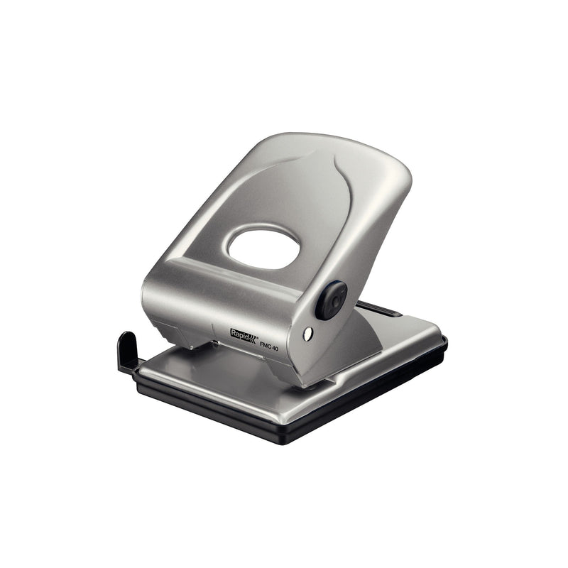Rapid FMC40 2 Hole Punch, Punches up to 40 Sheets, Adjustable Guide Bar, Metal, Silver, 21835602 Brilliant Silver 40 Sheets